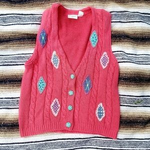 Van Heusen for her Rare vintage 80s 90s chunky knitted Pink Western Sweater Vest